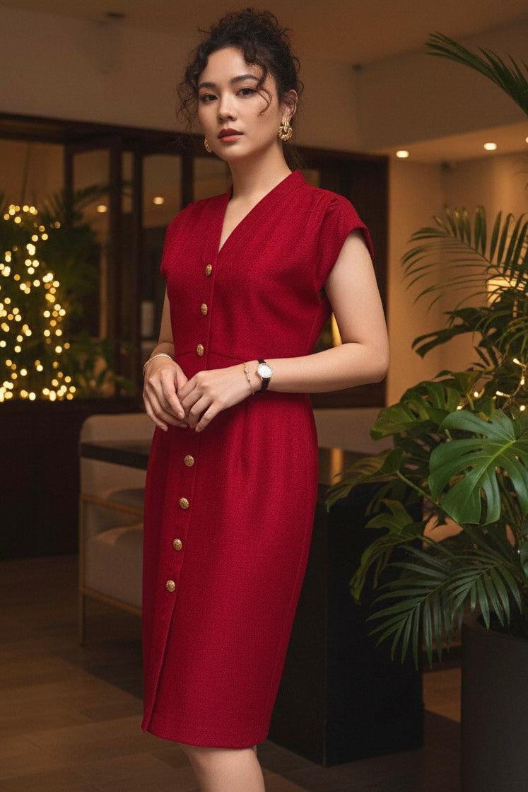 Đầm ôm body tweed đỏ thời trang Hity