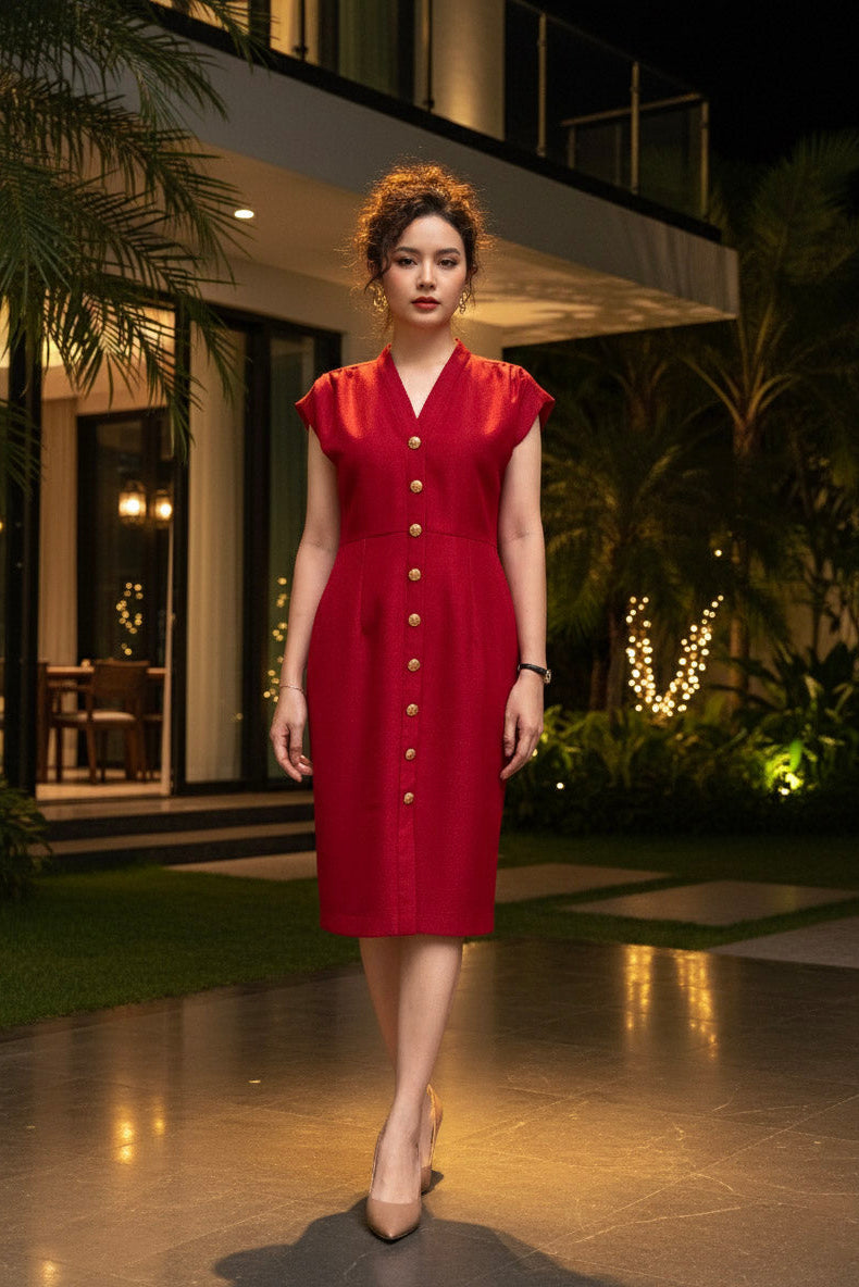 Đầm ôm body tweed đỏ thời trang Hity