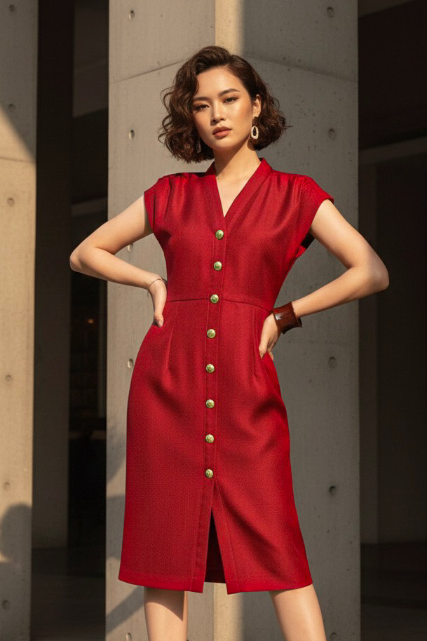 Đầm ôm body tweed đỏ thời trang Hity