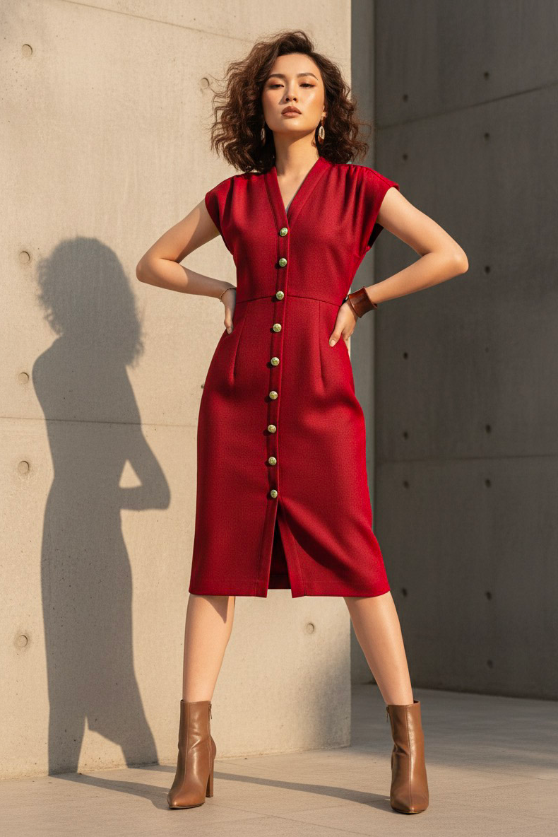 Đầm ôm body tweed đỏ thời trang Hity