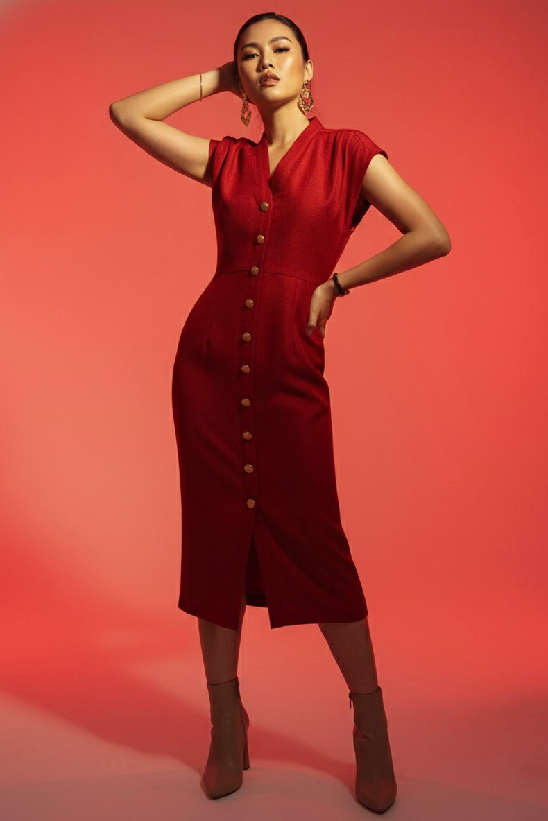 Đầm ôm body tweed đỏ thời trang Hity