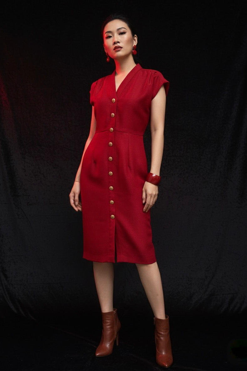 Đầm ôm body tweed đỏ thời trang Hity