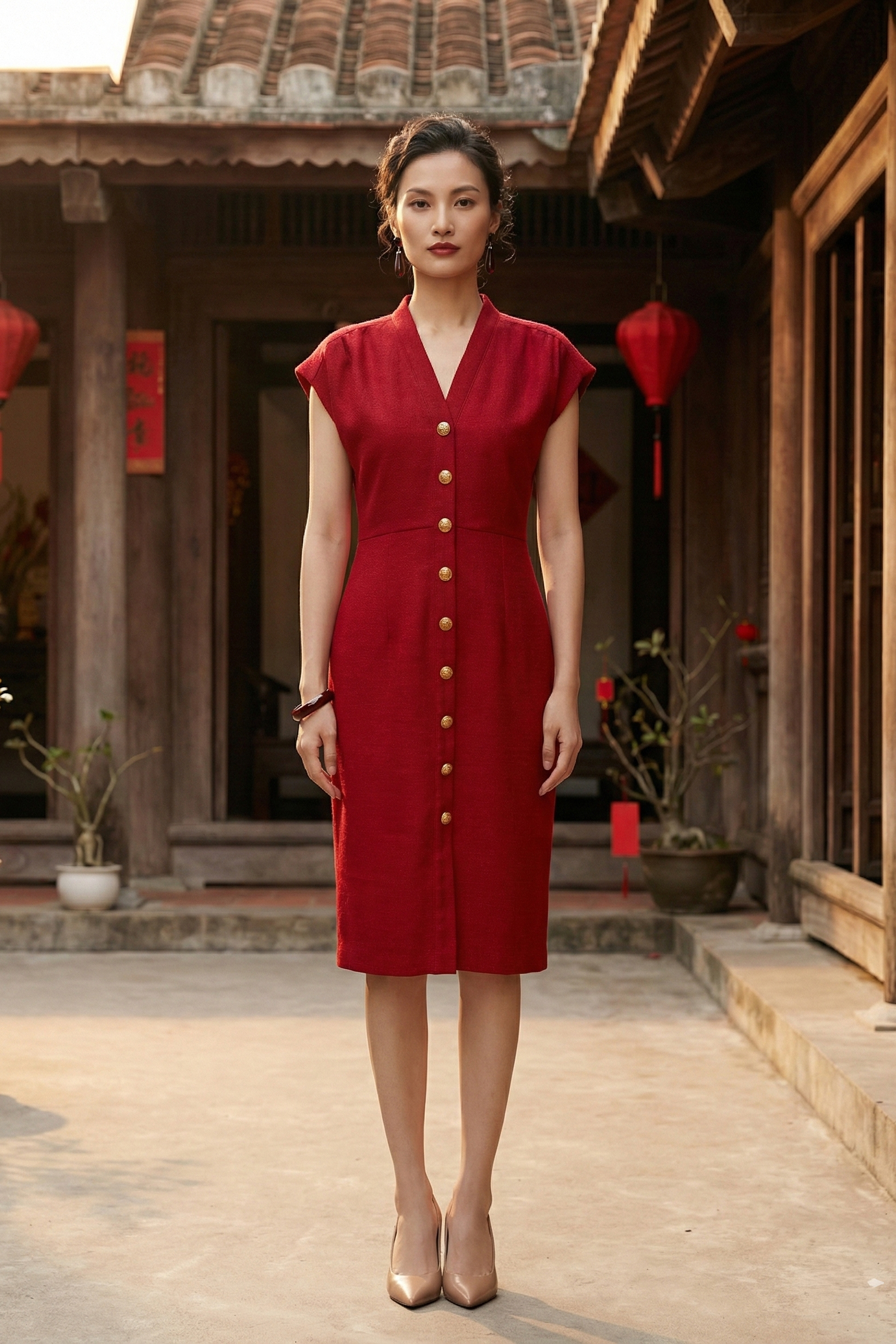 Đầm ôm body tweed đỏ thời trang Hity