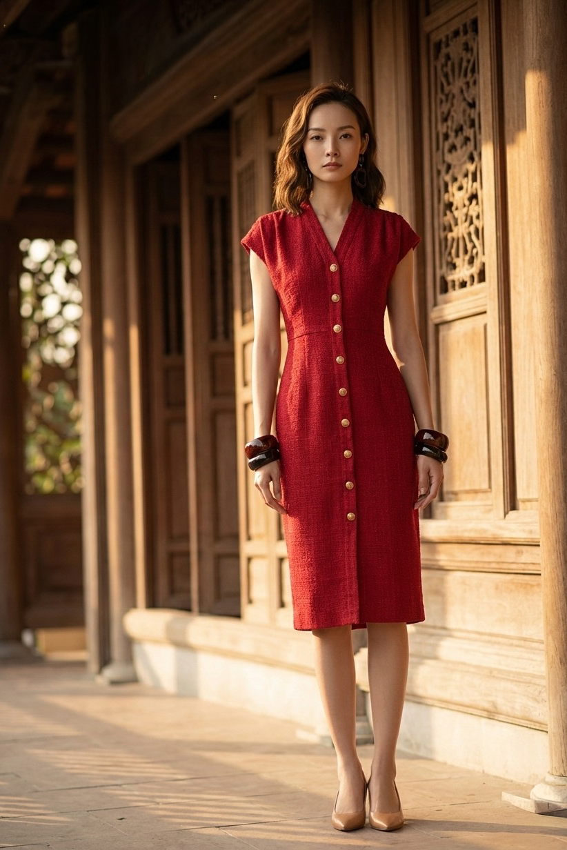 Đầm ôm body tweed đỏ thời trang Hity