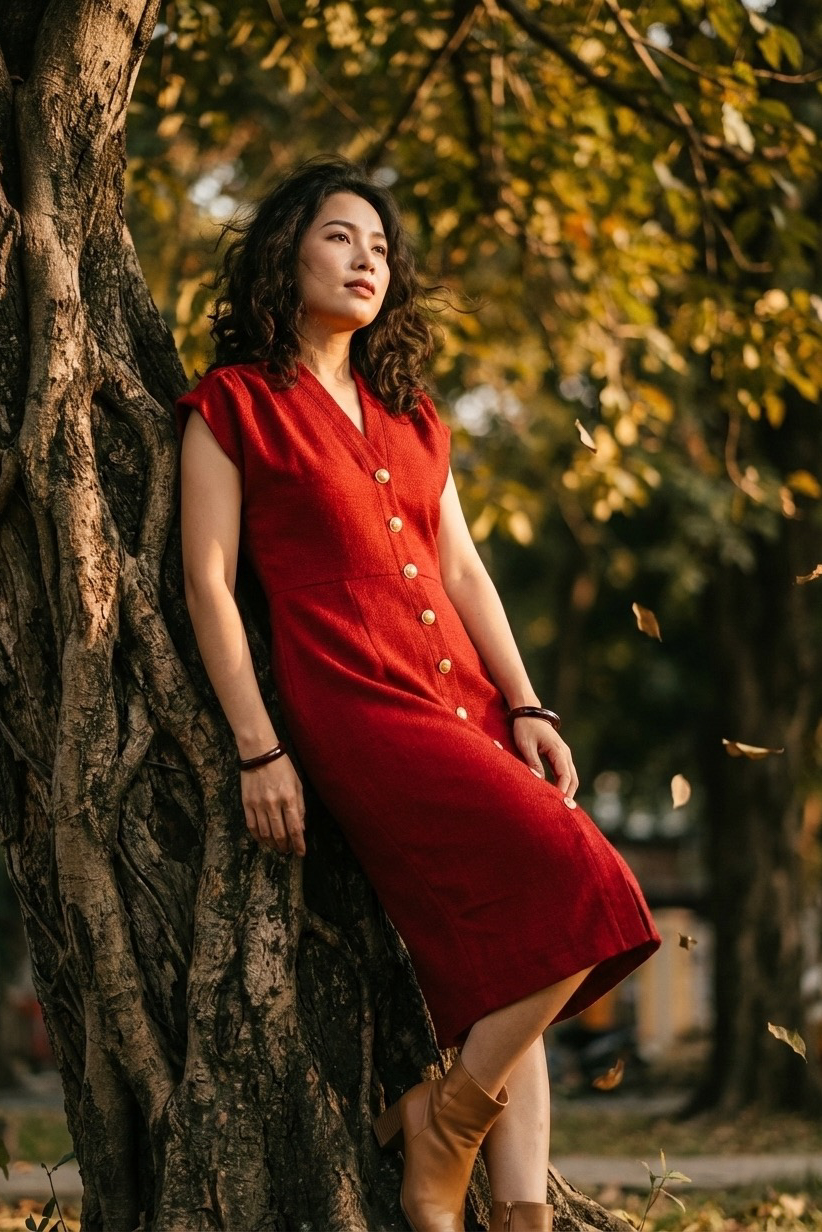 Đầm ôm body tweed đỏ thời trang Hity