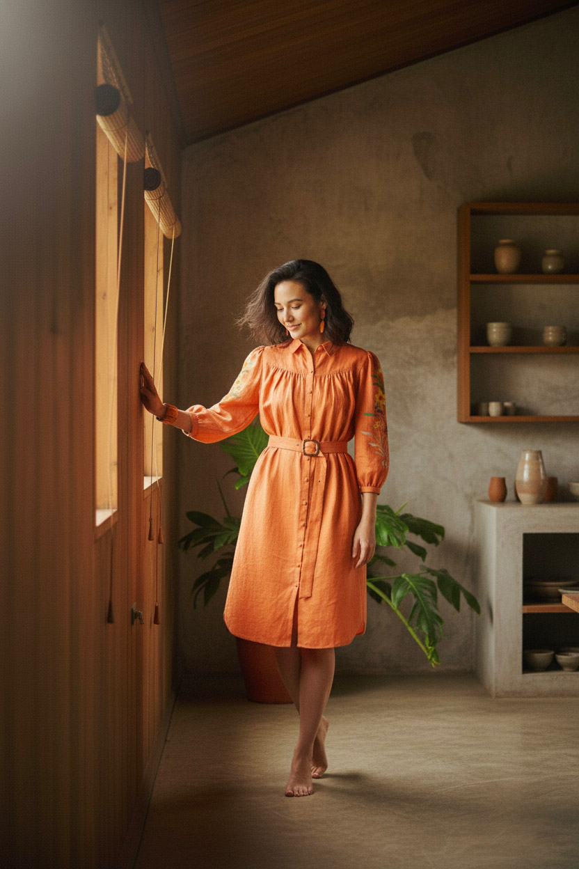 Đầm sơ mi linen cam thêu tay thời trang Hity