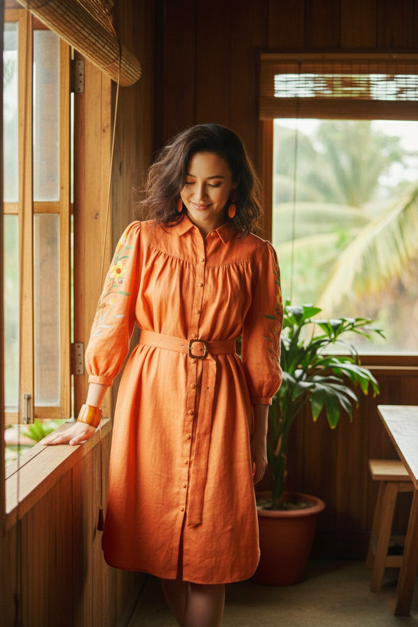 Đầm sơ mi linen cam thêu tay thời trang Hity