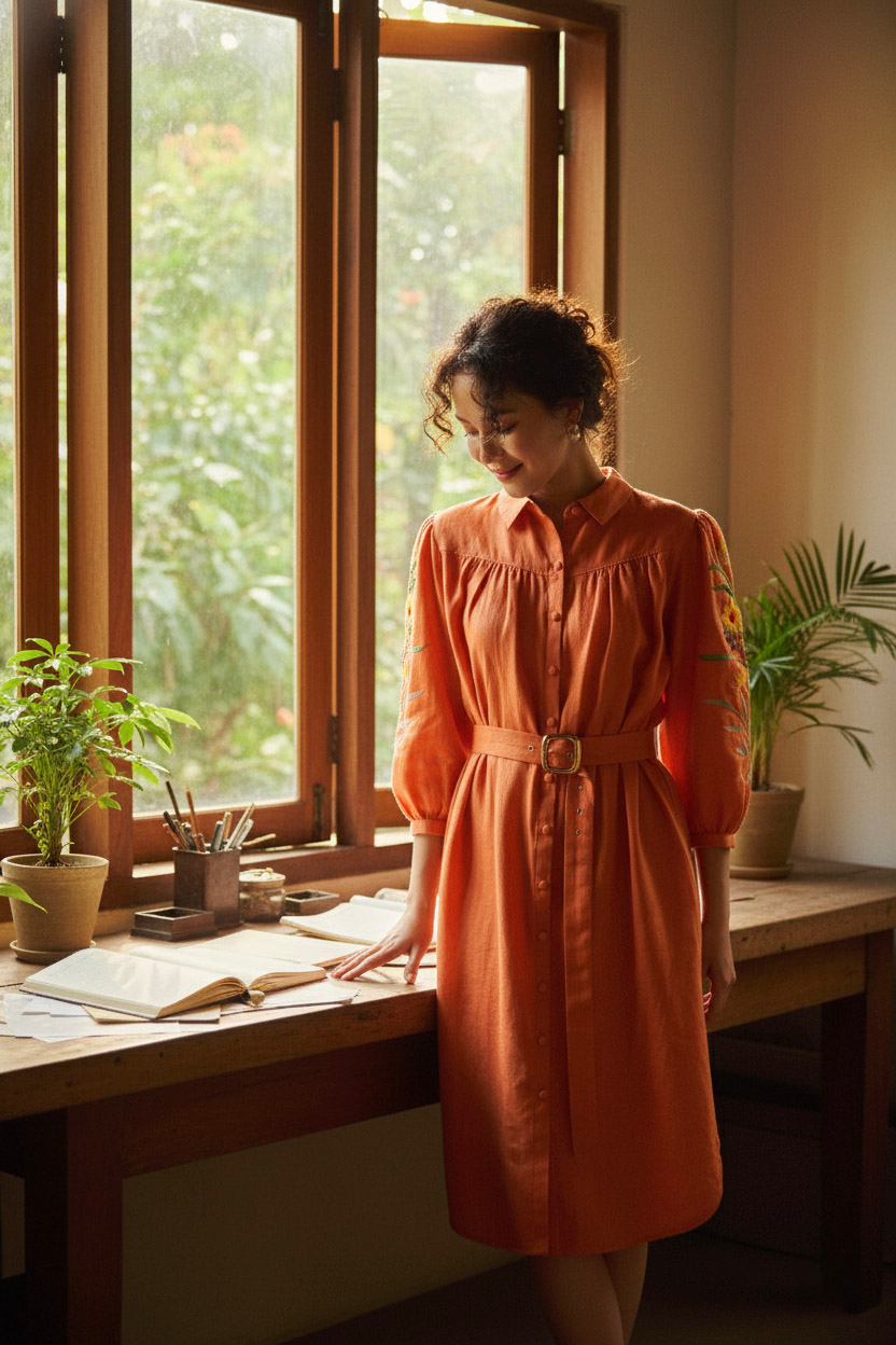 Đầm sơ mi linen cam thêu tay thời trang Hity