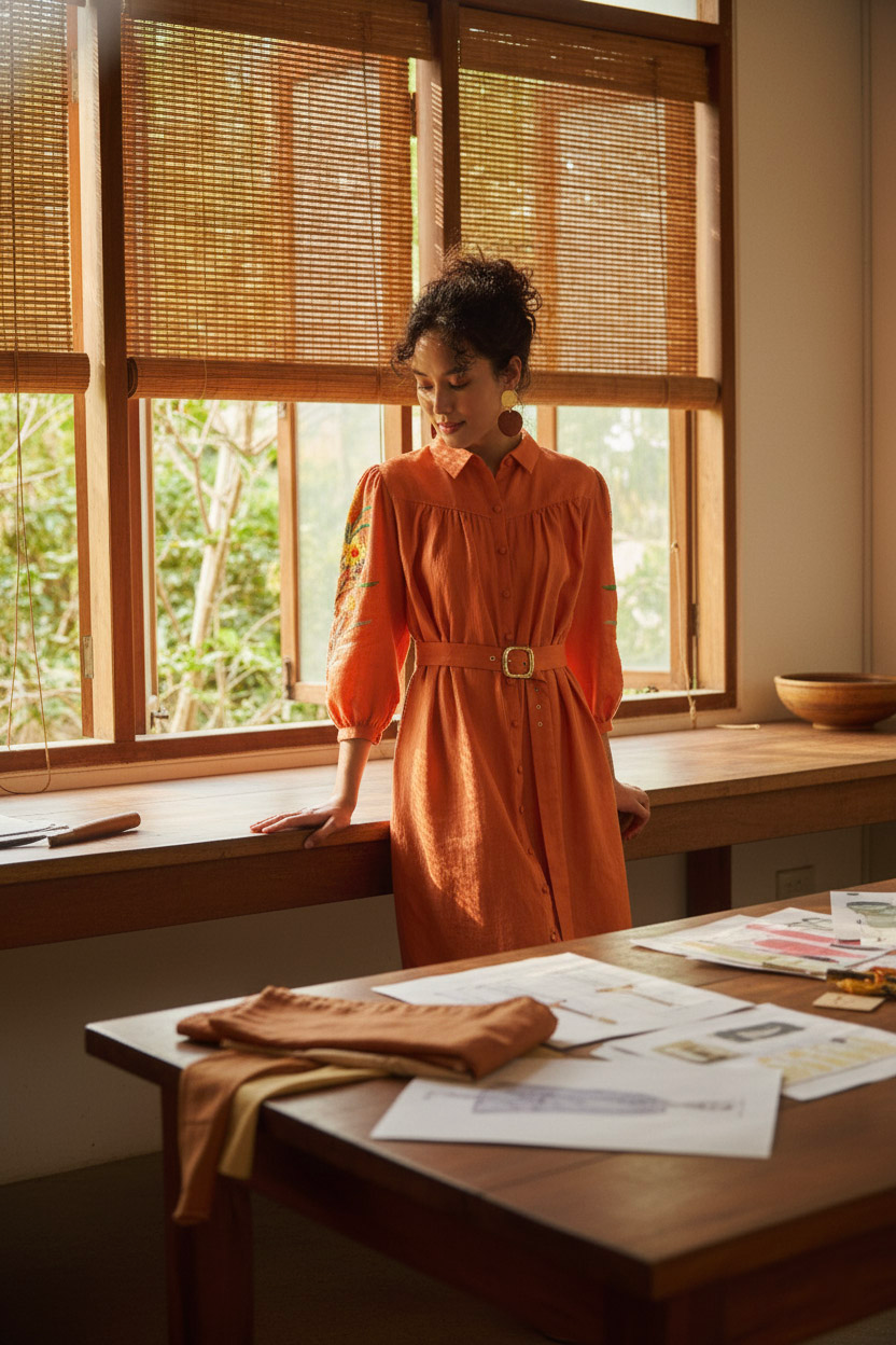 Đầm sơ mi linen cam thêu tay thời trang Hity