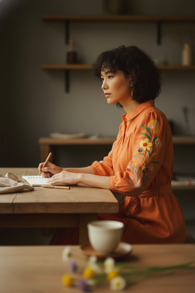 Đầm sơ mi linen cam thêu tay thời trang Hity