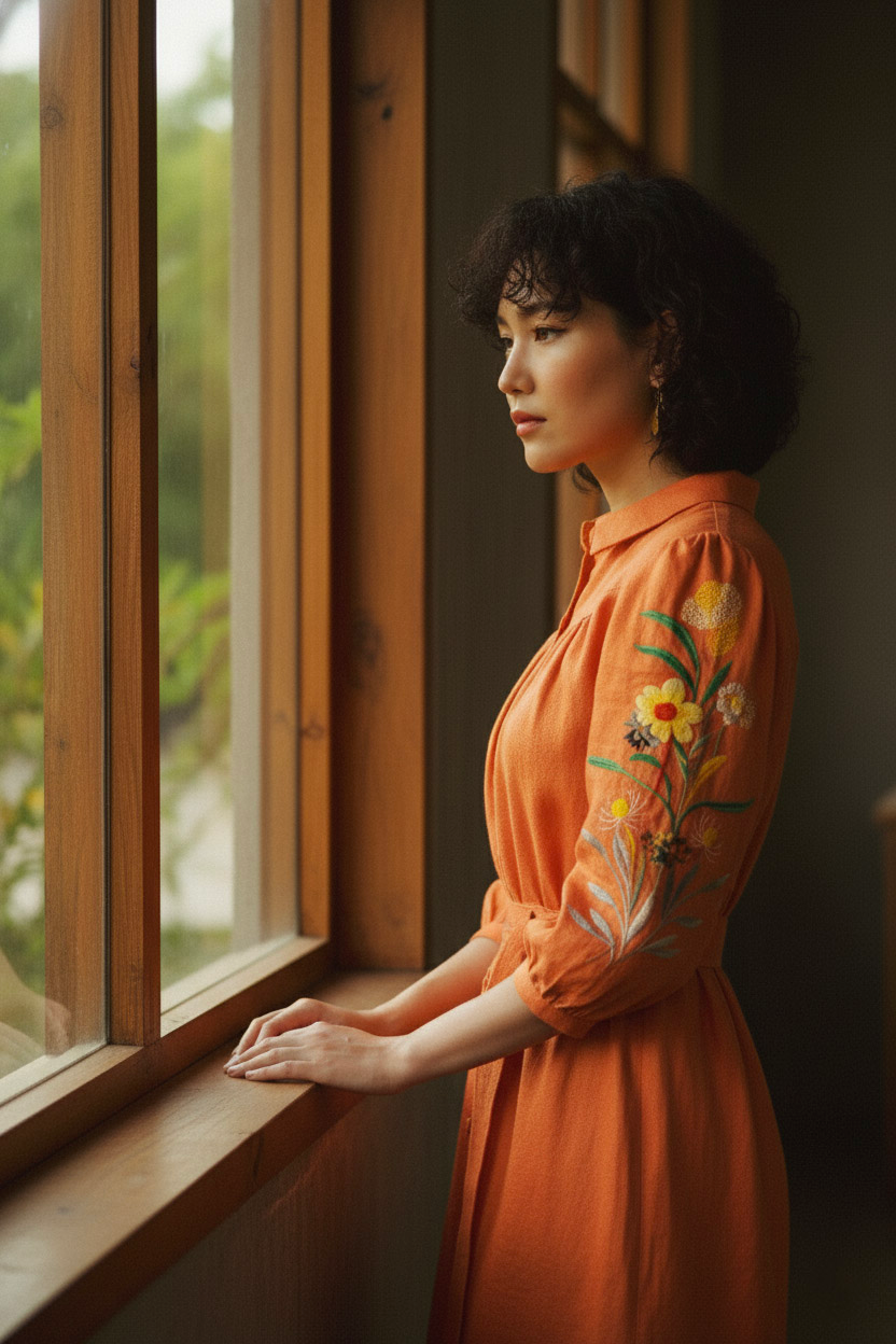 Đầm sơ mi linen cam thêu tay thời trang Hity