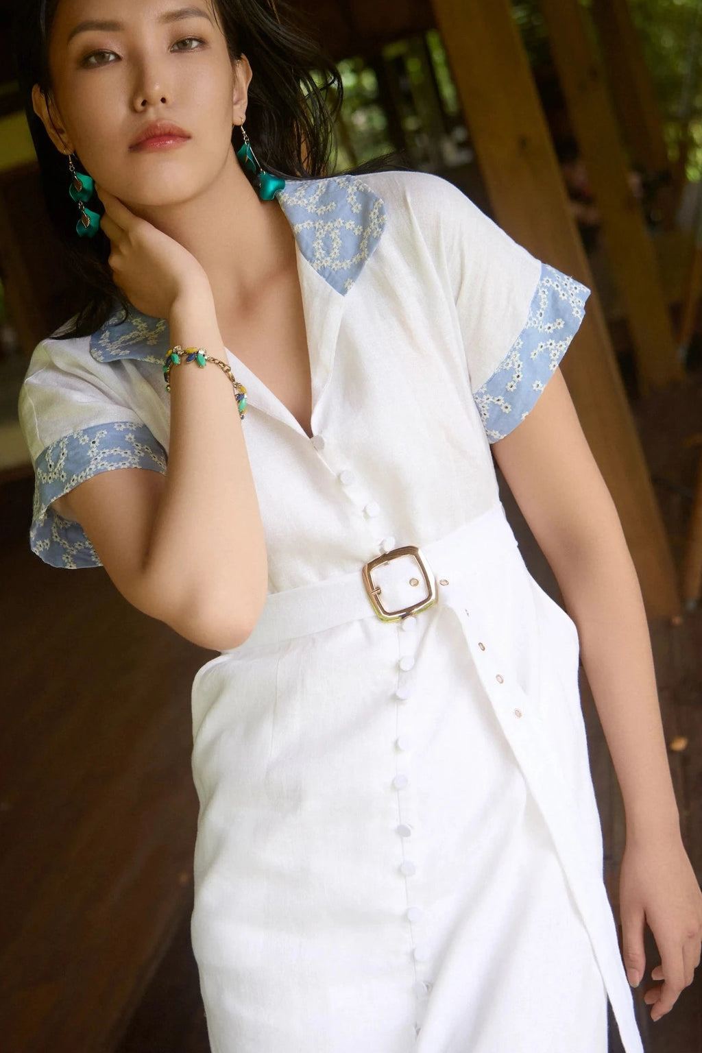 Đầm sơ mi maxi linen trắng phối ren thêu thời trang Hity