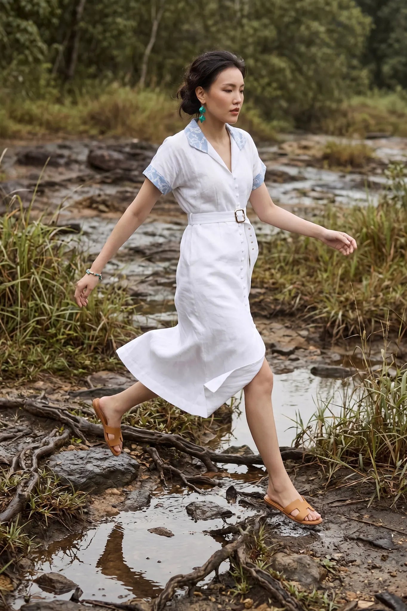 Đầm sơ mi maxi linen trắng phối ren thêu thời trang Hity