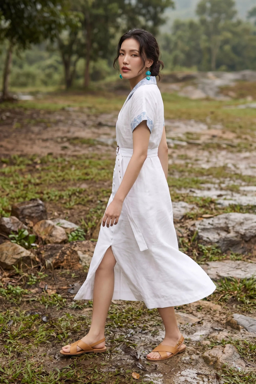 Đầm sơ mi maxi linen trắng phối ren thêu thời trang Hity
