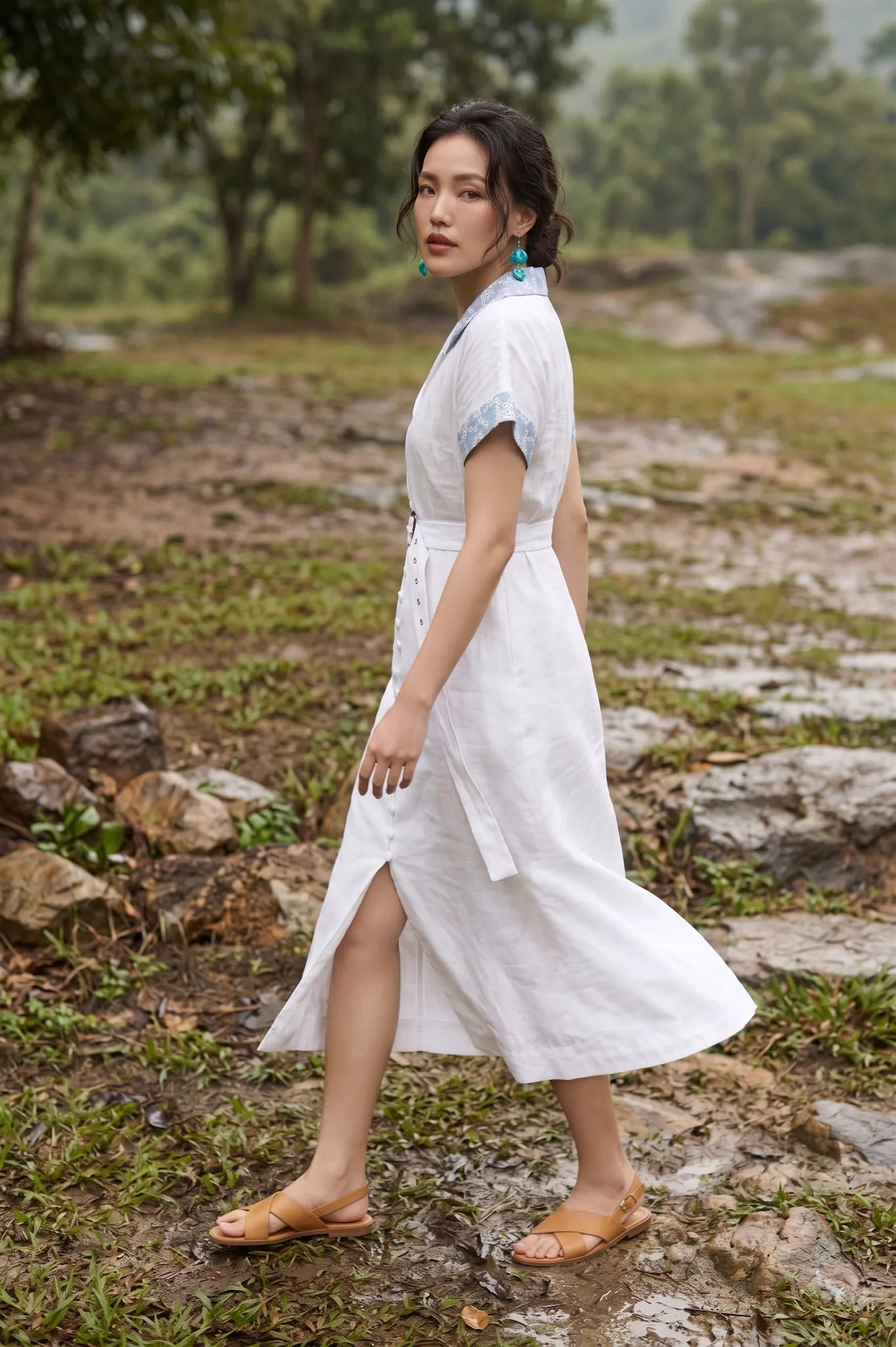 Đầm sơ mi maxi linen trắng phối ren thêu thời trang Hity