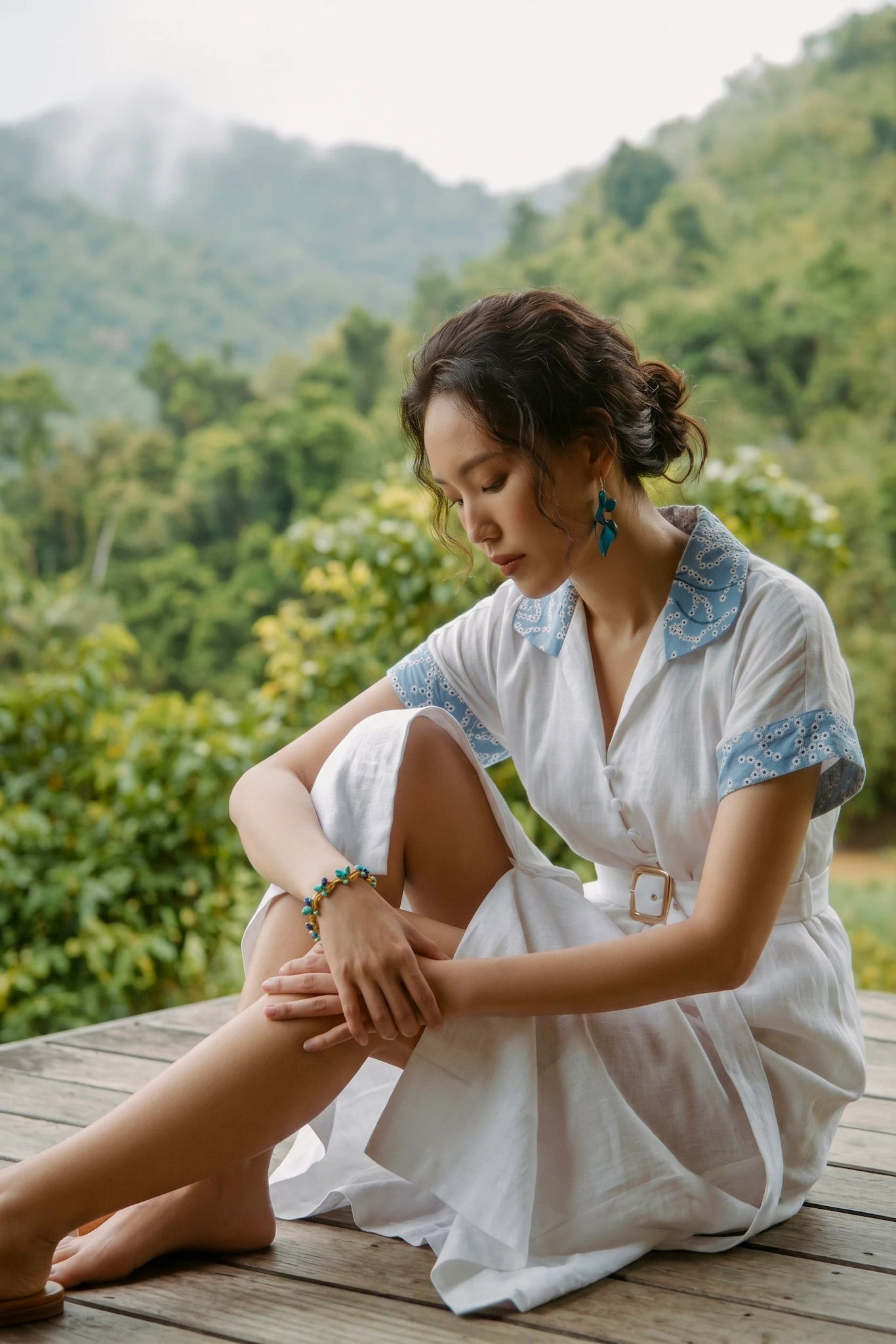 Đầm sơ mi maxi linen trắng phối ren thêu thời trang Hity