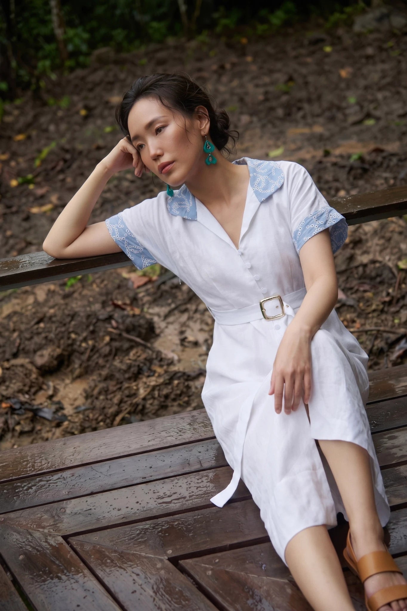 Đầm sơ mi maxi linen trắng phối ren thêu thời trang Hity