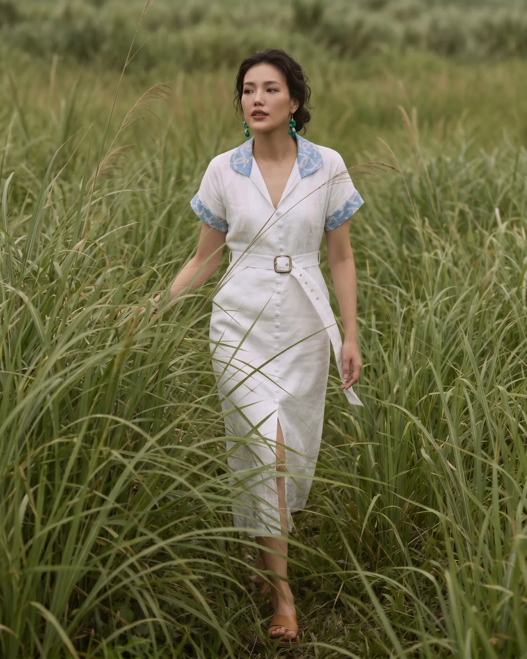Đầm sơ mi maxi linen trắng phối ren thêu thời trang Hity