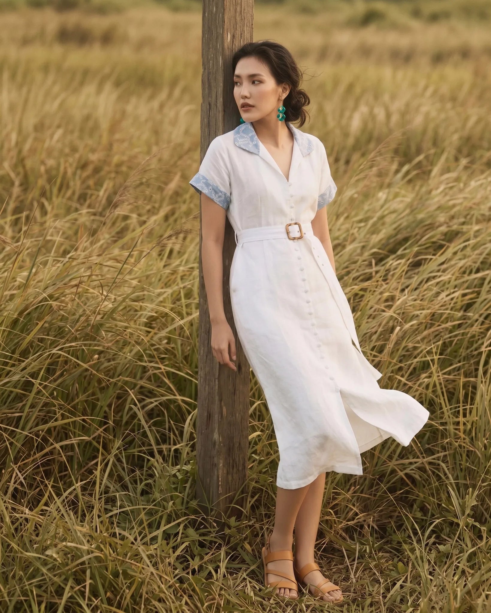 Đầm sơ mi maxi linen trắng phối ren thêu thời trang Hity