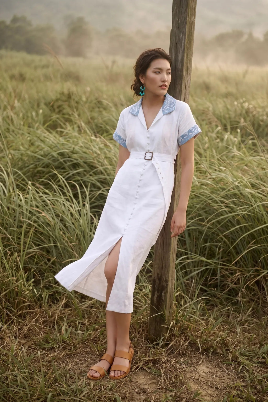 Đầm sơ mi maxi linen trắng phối ren thêu thời trang Hity