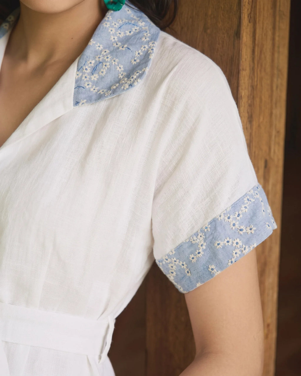 Đầm sơ mi maxi linen trắng phối ren thêu thời trang Hity