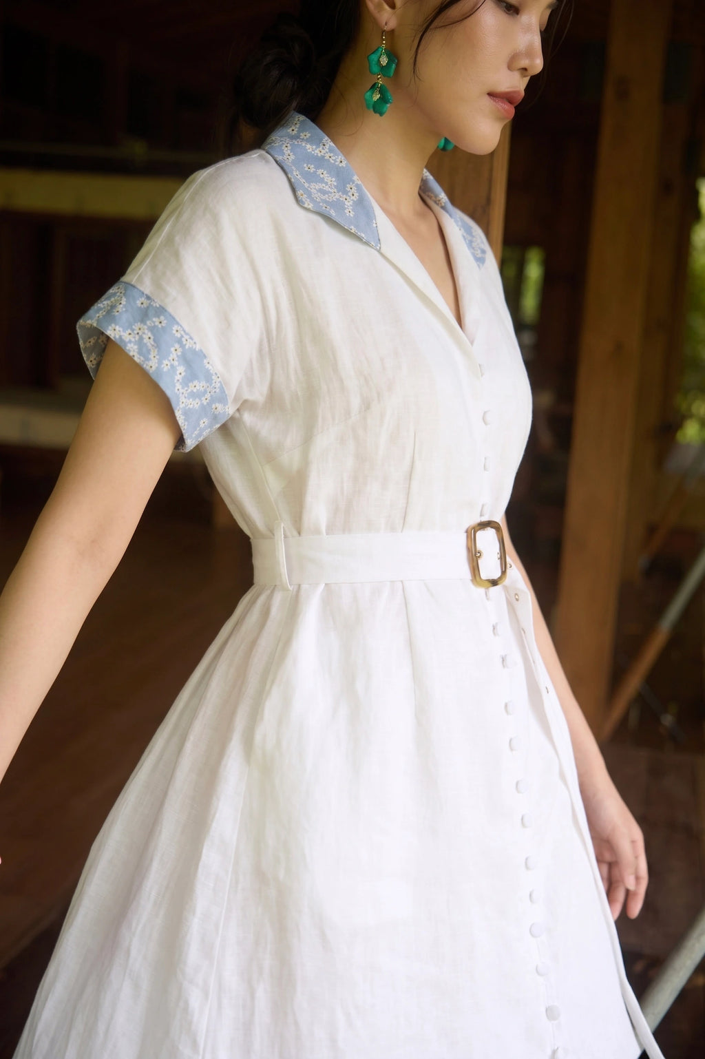 Đầm sơ mi maxi linen trắng phối ren thêu thời trang Hity