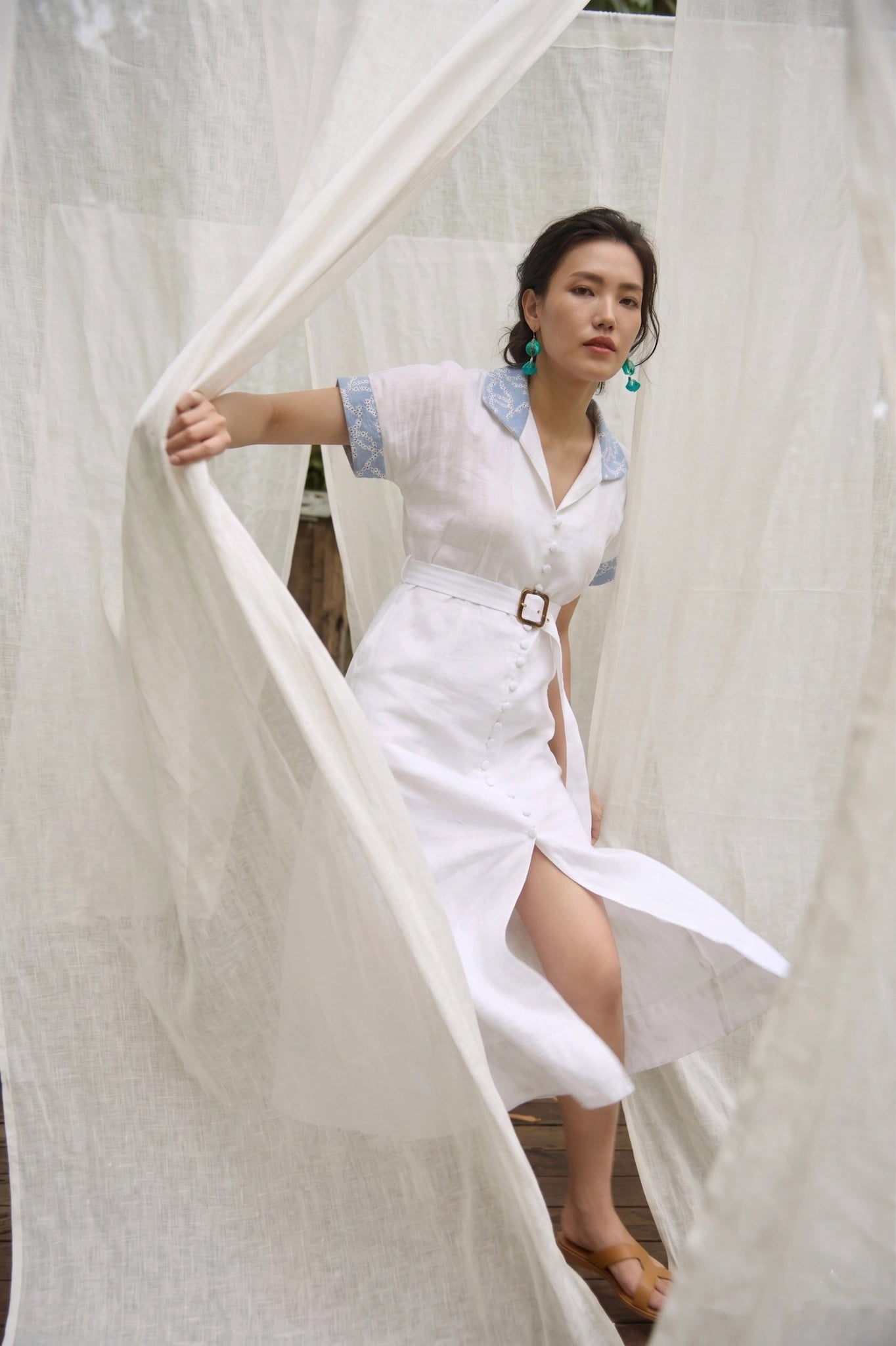 Đầm sơ mi maxi linen trắng phối ren thêu thời trang Hity