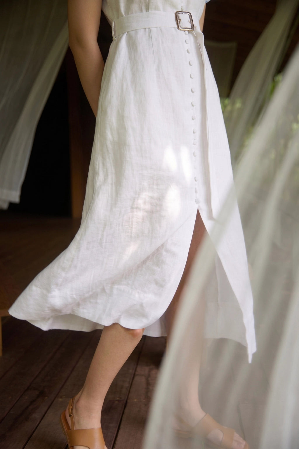 Đầm sơ mi maxi linen trắng phối ren thêu thời trang Hity