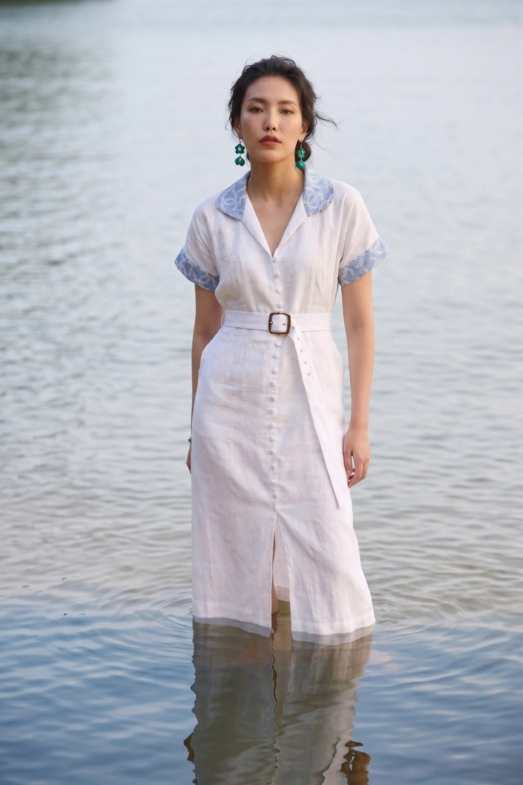 Đầm sơ mi maxi linen trắng phối ren thêu thời trang Hity