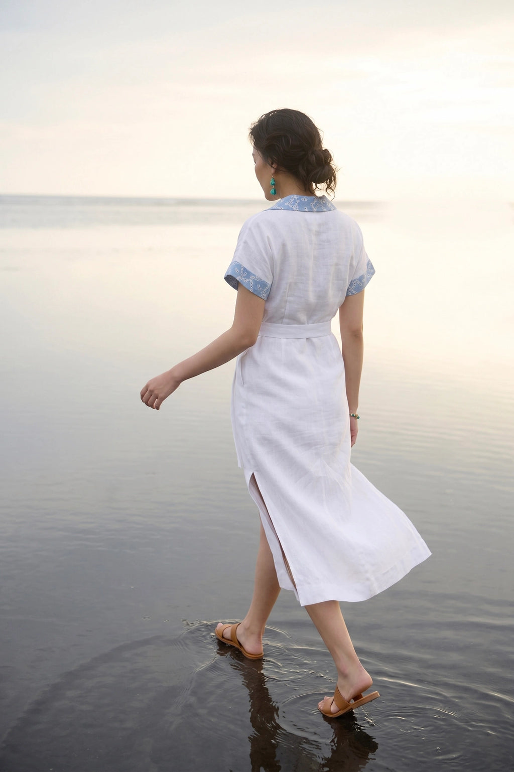 Đầm sơ mi maxi linen trắng phối ren thêu thời trang Hity