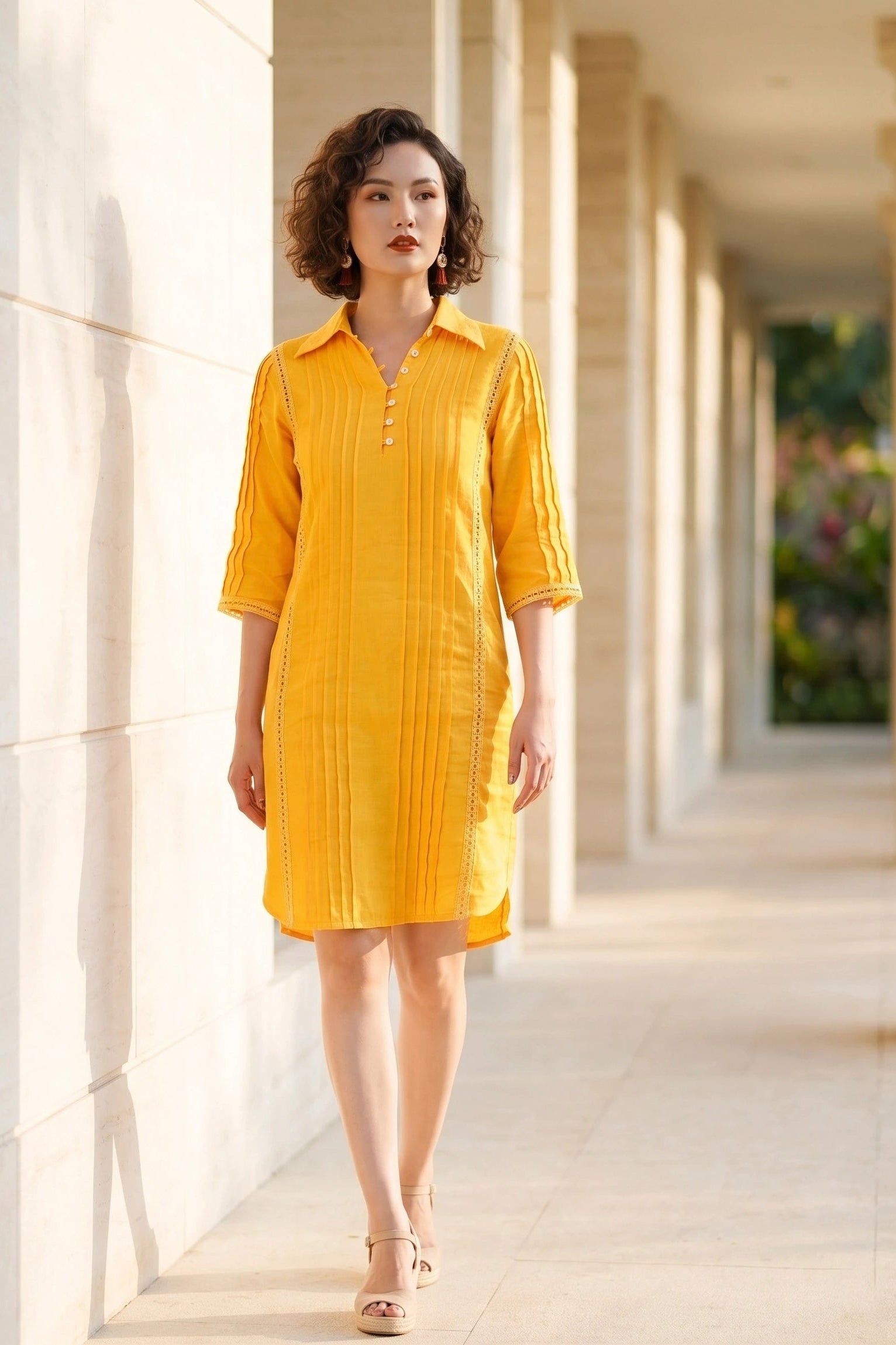Đầm sơ mi xếp ly linen vàng thời trang Hity