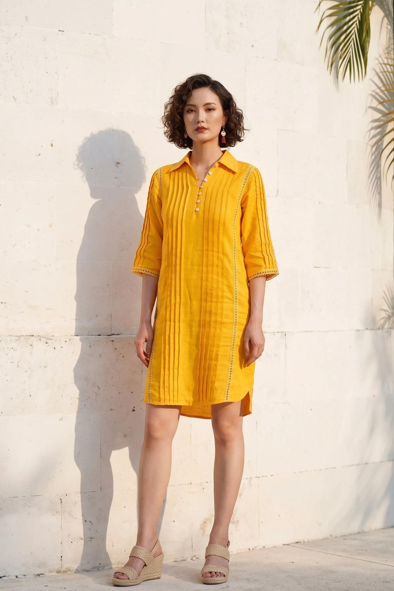Đầm sơ mi xếp ly linen vàng thời trang Hity
