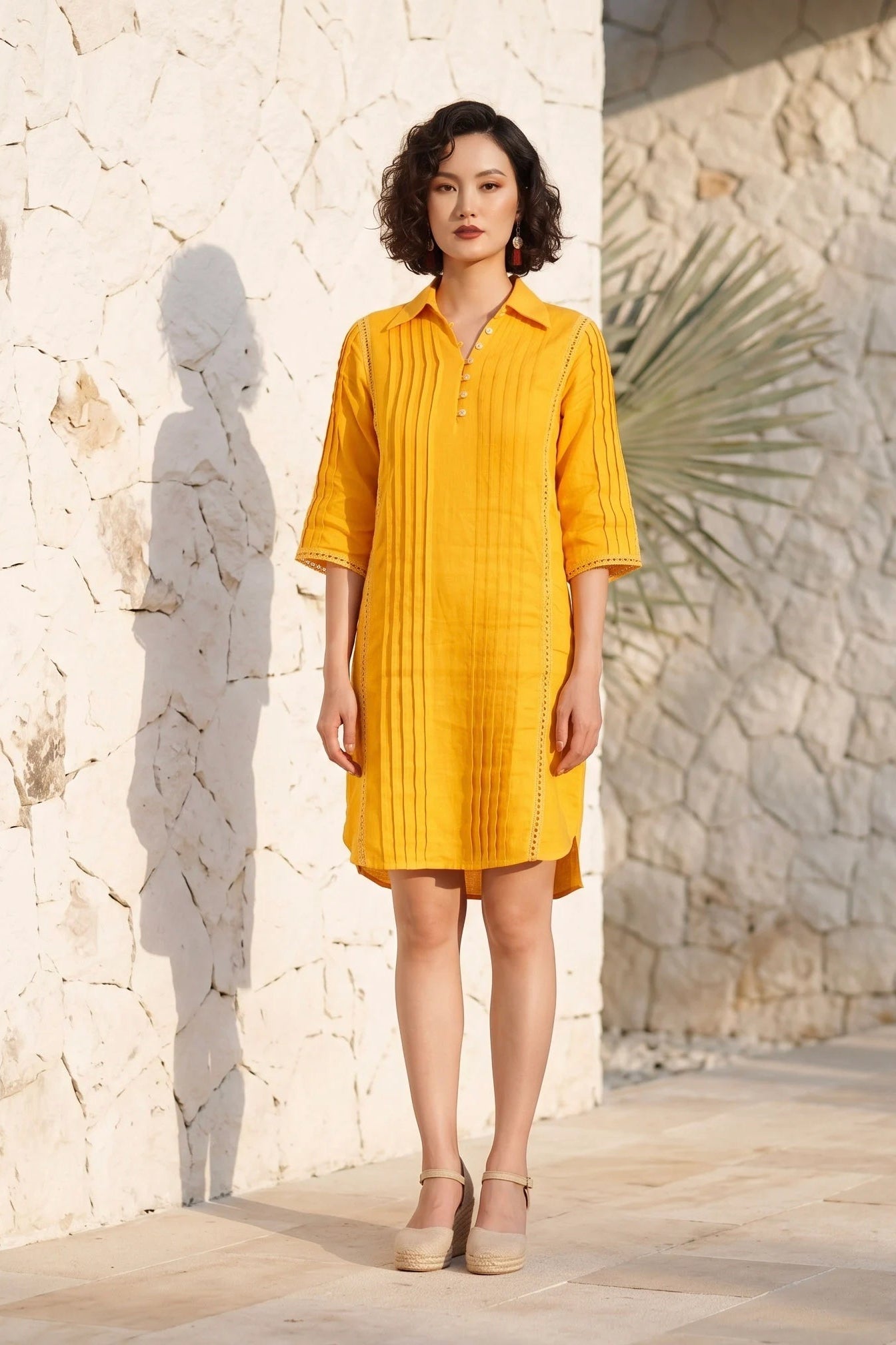 Đầm sơ mi xếp ly linen vàng thời trang Hity