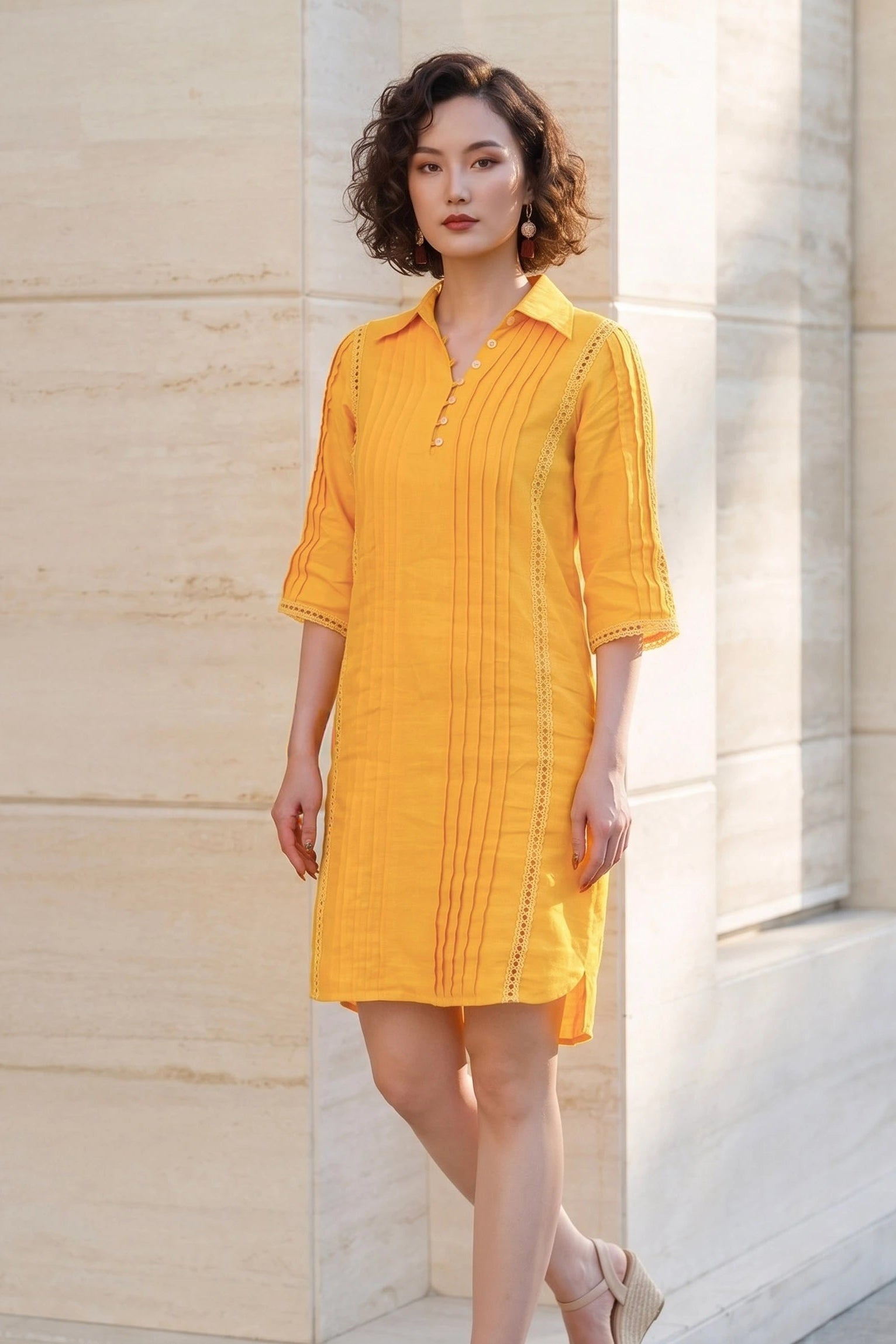 Đầm sơ mi xếp ly linen vàng thời trang Hity