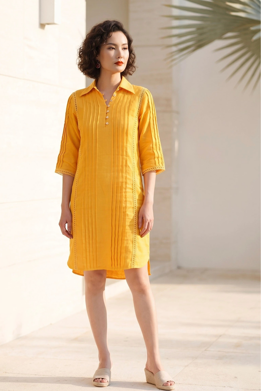 Đầm sơ mi xếp ly linen vàng thời trang Hity