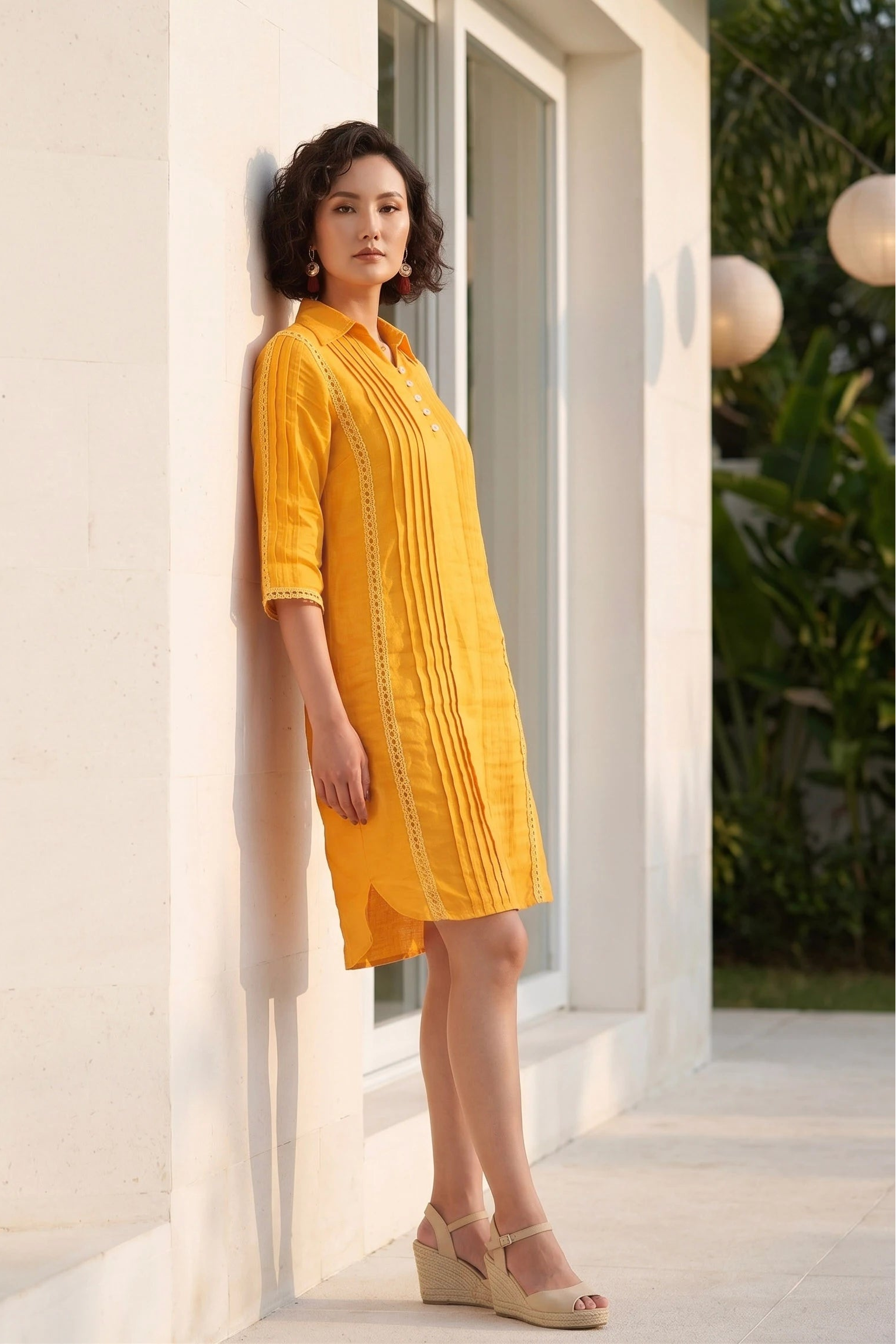 Đầm sơ mi xếp ly linen vàng thời trang Hity
