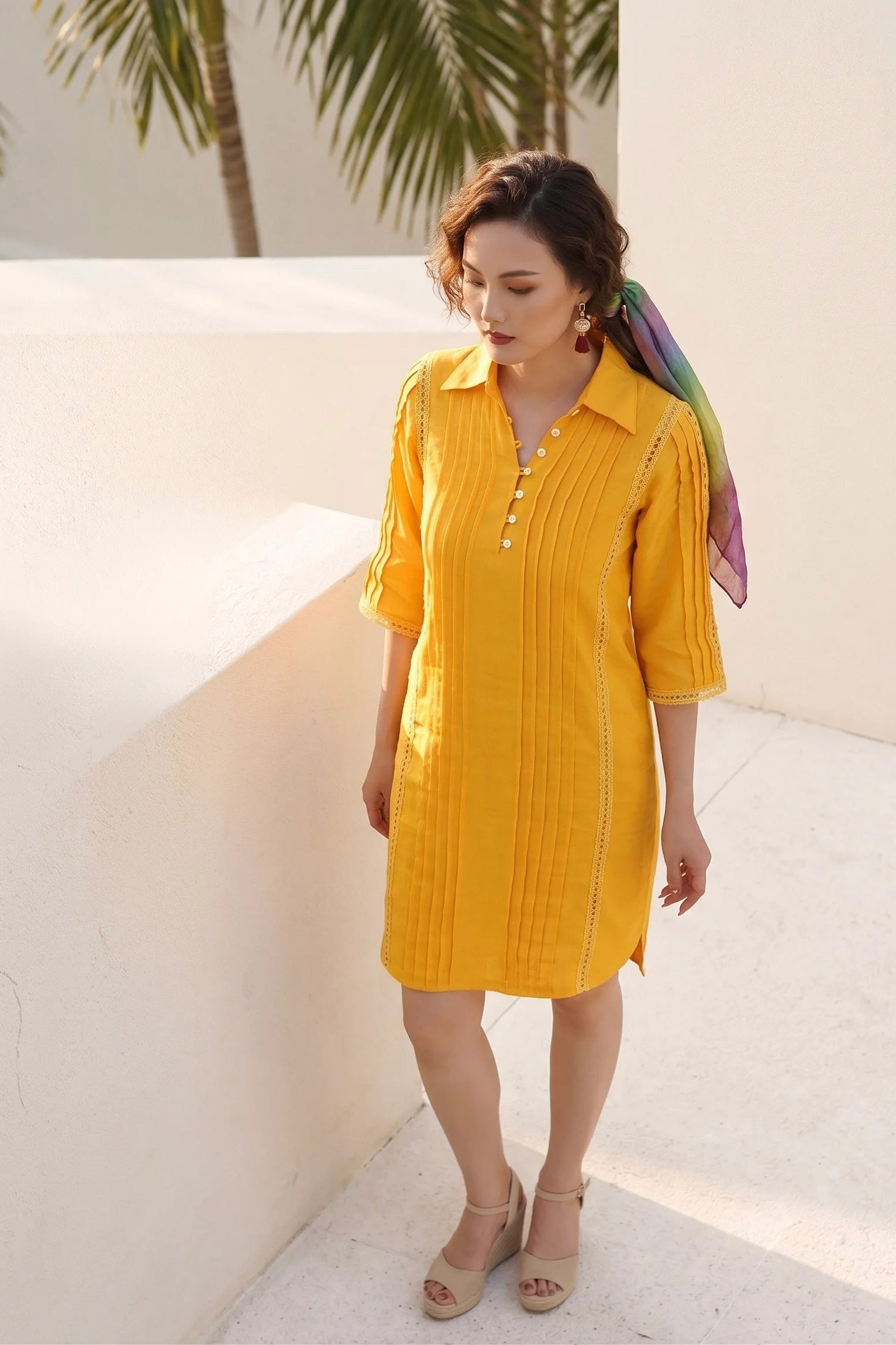 Đầm sơ mi xếp ly linen vàng thời trang Hity