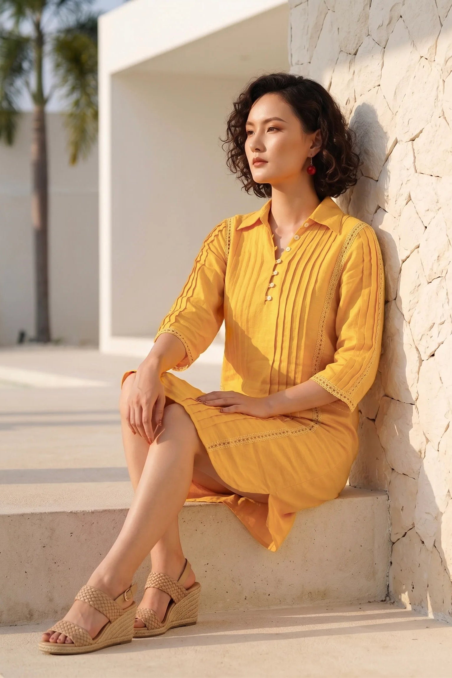 Đầm sơ mi xếp ly linen vàng thời trang Hity