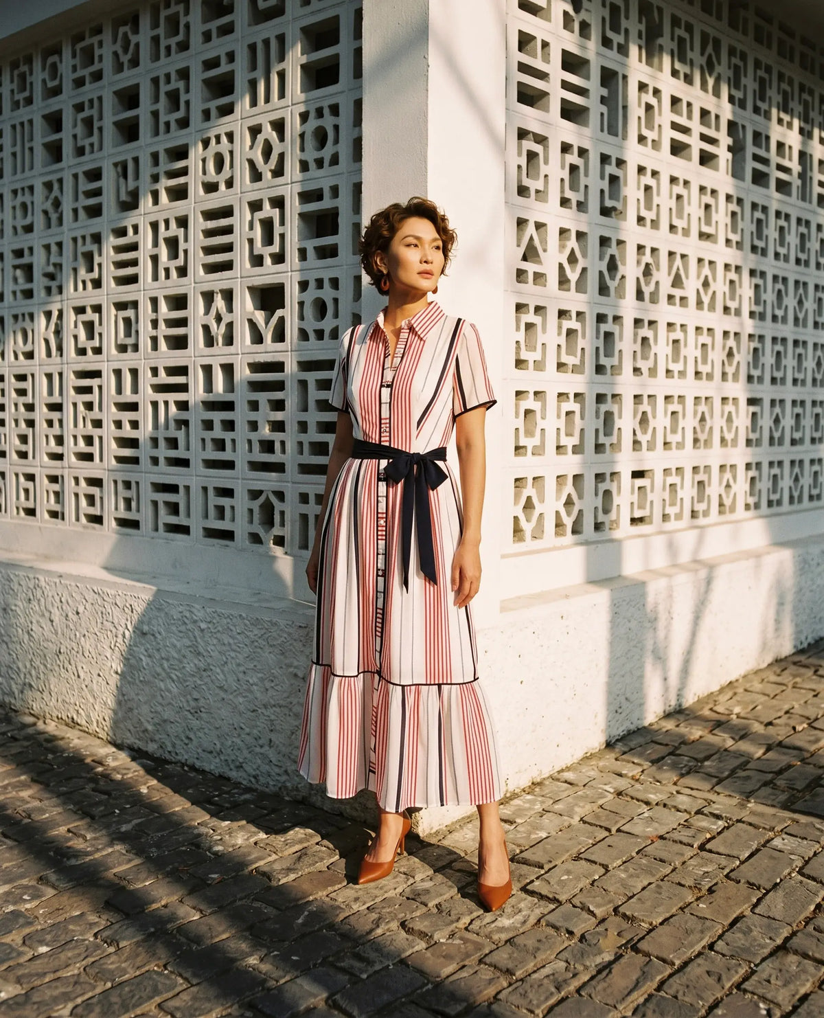 Đầm sơ mi chiffon sọc đỏ thời trang Hity