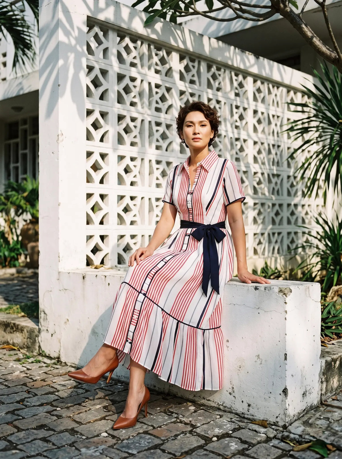 Đầm sơ mi chiffon sọc đỏ thời trang Hity