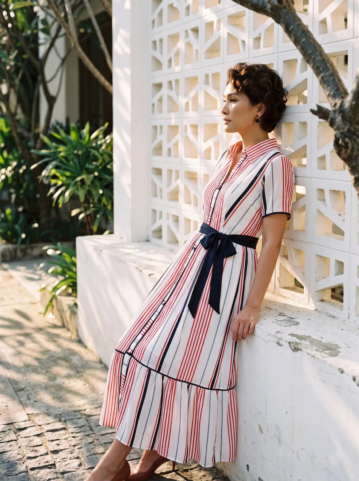 Đầm sơ mi chiffon sọc đỏ thời trang Hity