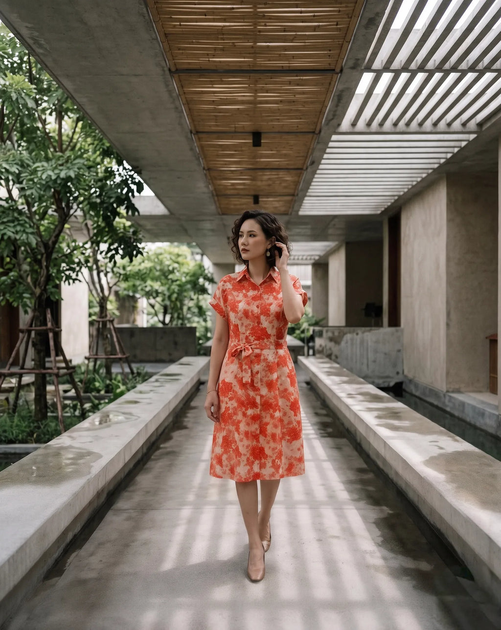 Đầm sơ mi vải gai xanh ramie thời trang Hity