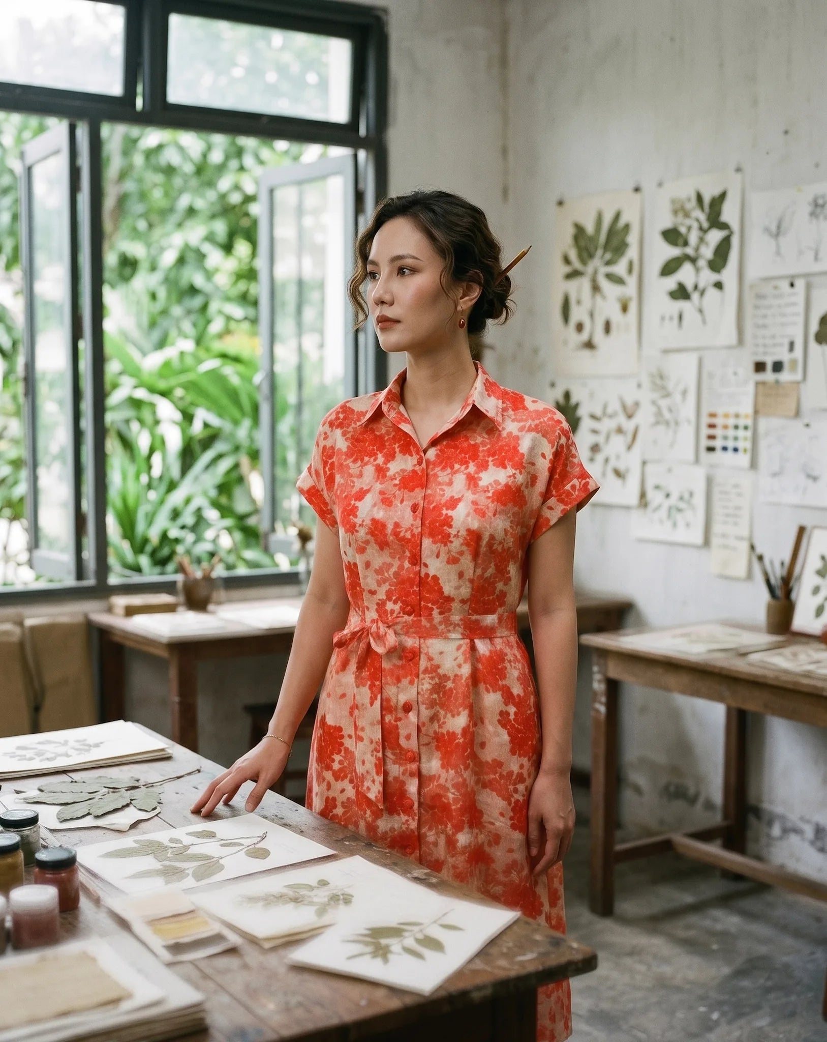 Đầm sơ mi vải gai xanh ramie thời trang Hity