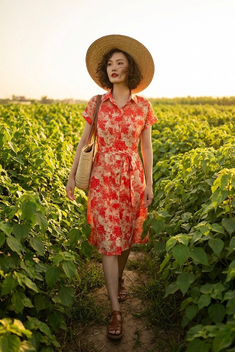 Đầm sơ mi vải gai xanh ramie thời trang Hity