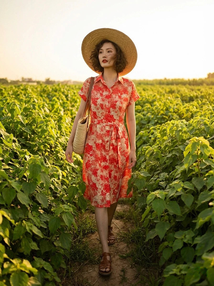 Đầm sơ mi vải gai xanh ramie thời trang Hity