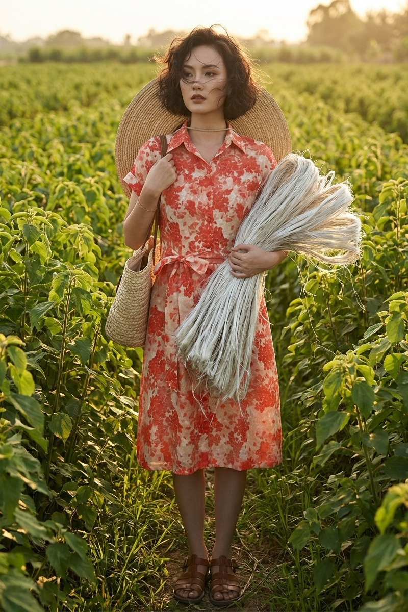 Đầm sơ mi vải gai xanh ramie thời trang Hity