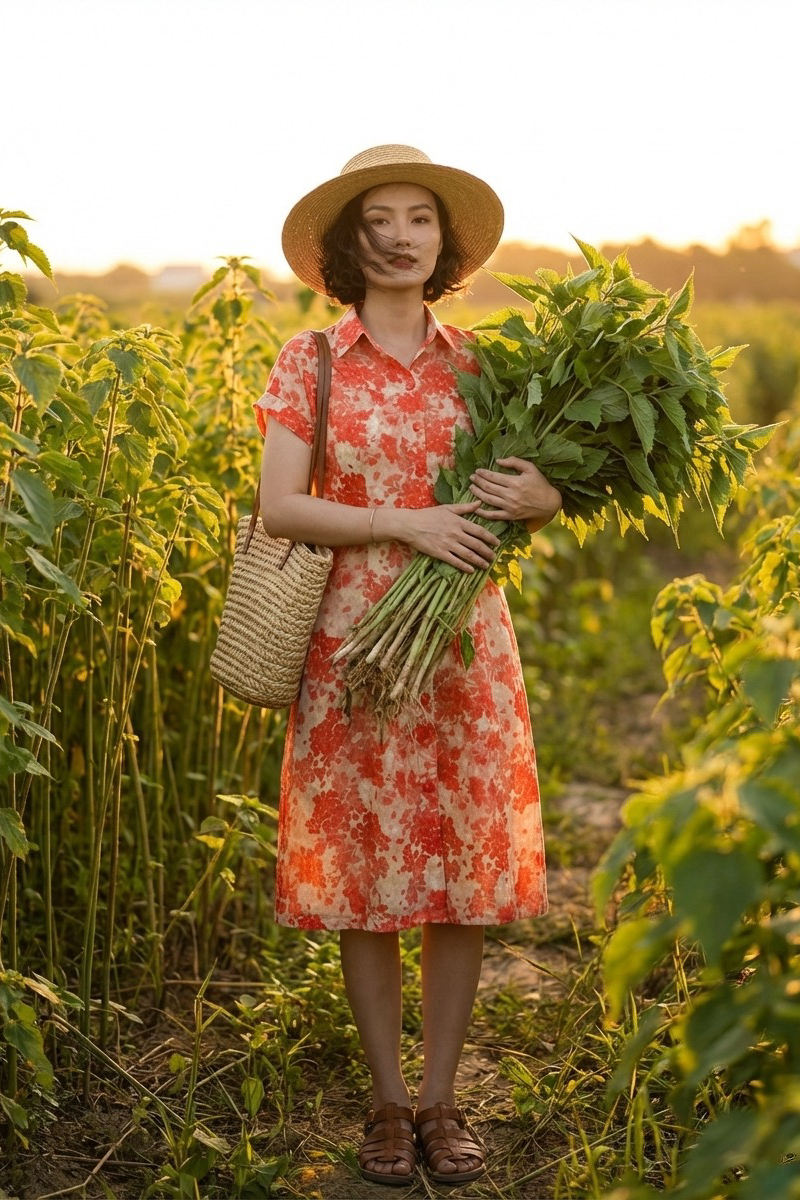 Đầm sơ mi vải gai xanh ramie thời trang Hity