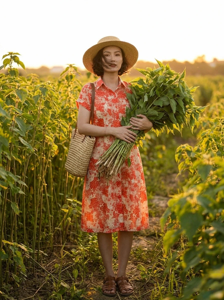 Đầm sơ mi vải gai xanh ramie thời trang Hity