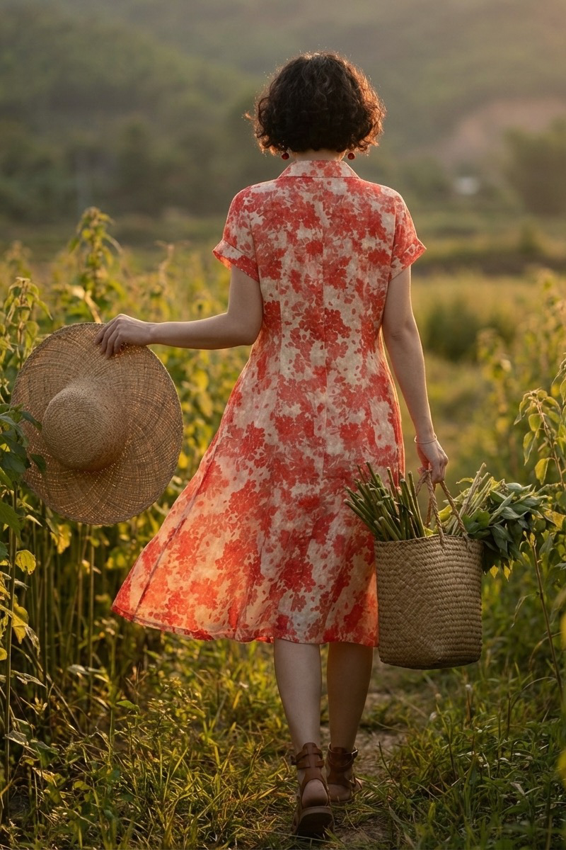 Đầm sơ mi vải gai xanh ramie thời trang Hity