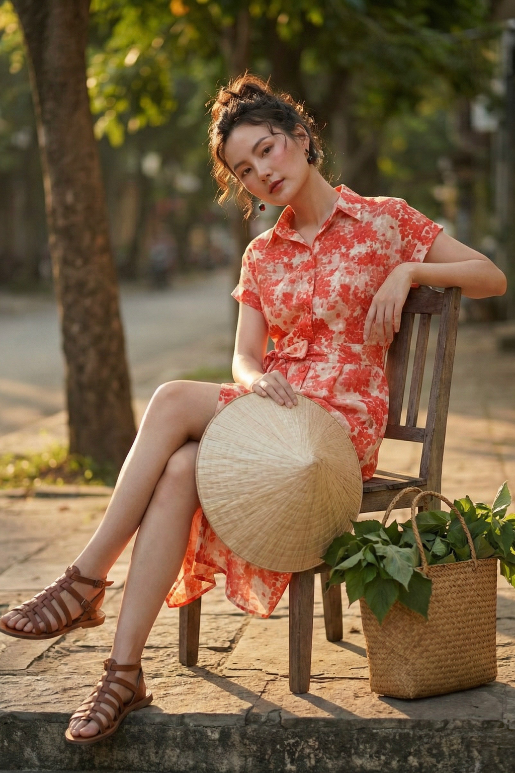 Đầm sơ mi vải gai xanh ramie thời trang Hity